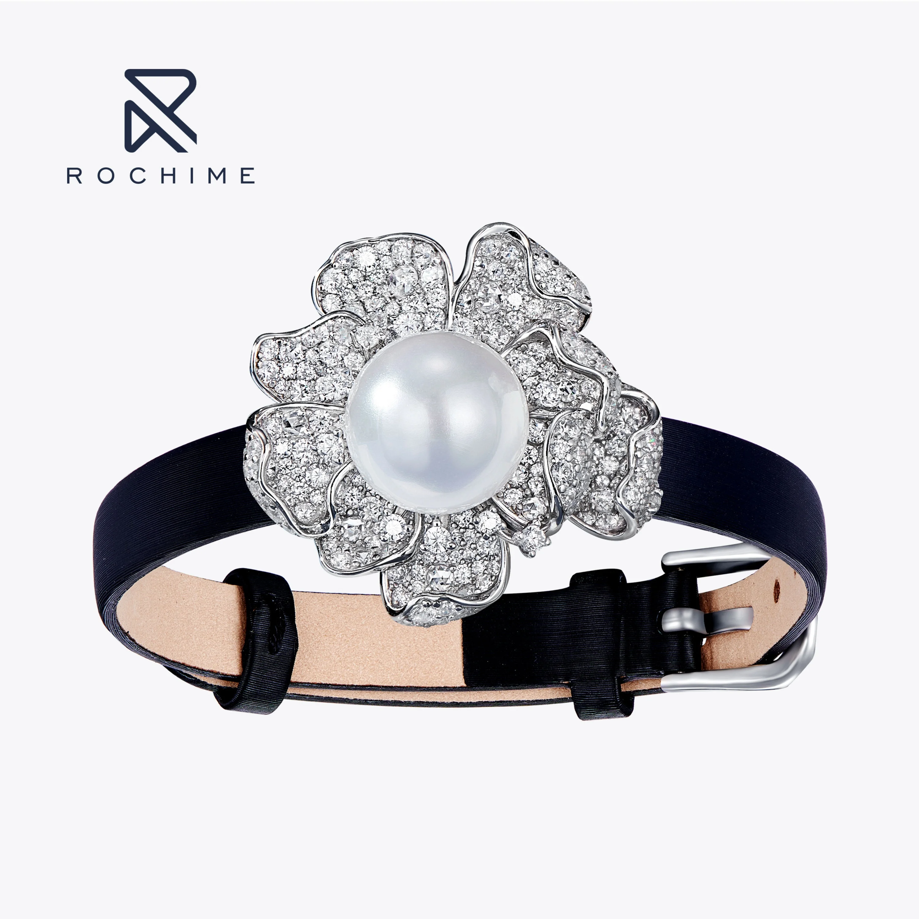 

Rochime Luxury Peony Flower Wristband Bracelet And Brooch 925 Sterling Silver Pearl Zircon Fine Jewelry For Women