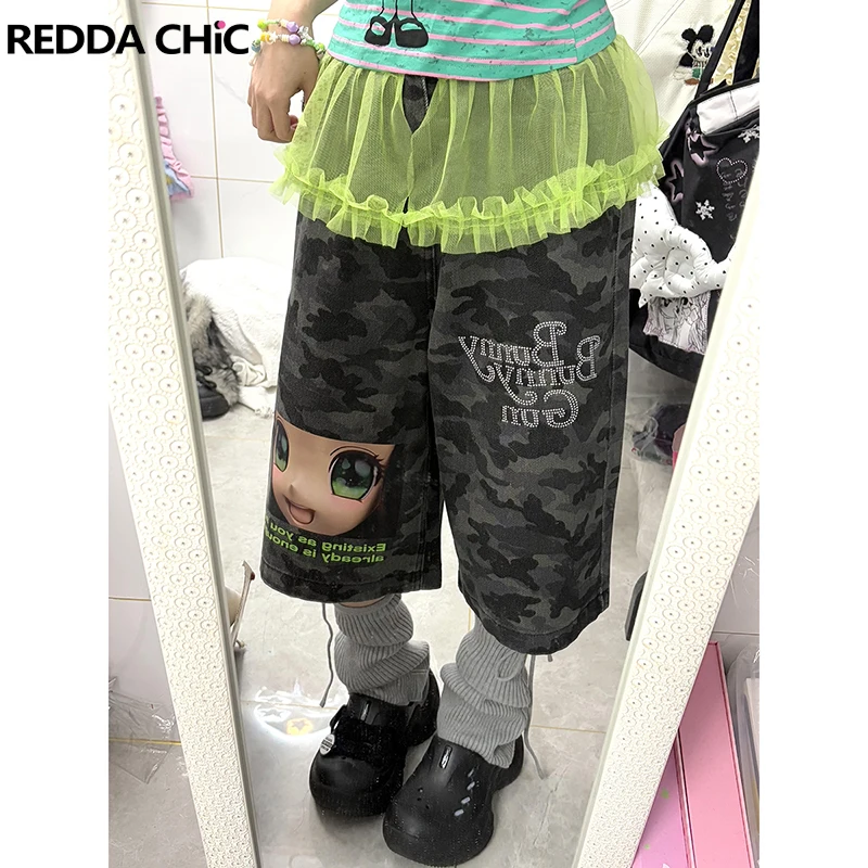 

ReddaChic Women Layered Tulle Camo Jean Shorts Retro Patchwork Cartoon Rhinestone Wide Leg Casual Pants Harajuku Y2k Streetwear