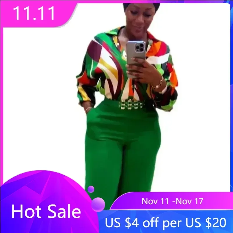 

2 Piece African Clothes for Women Autumn Elegant Africa Long Sleeve V-neck Printing Top Long Pant Matching Sets African Clothing