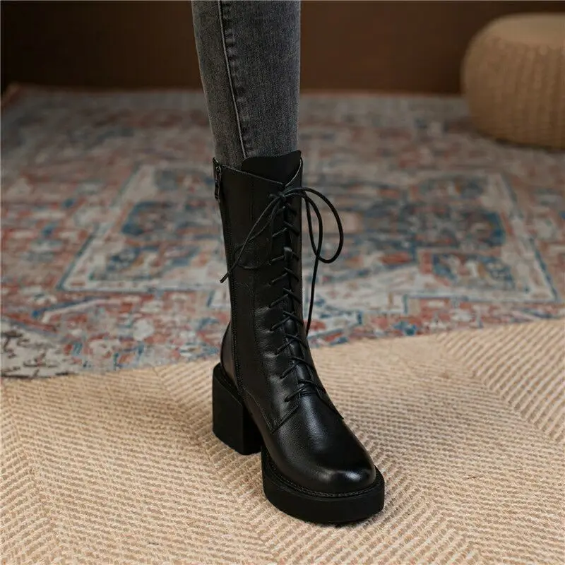 With Laces Mid Calf Shoes Woman Lace-up Black Half High Boots for Women Middle Heel Platform Round Toe Y2k Spring Autumn Work Pu