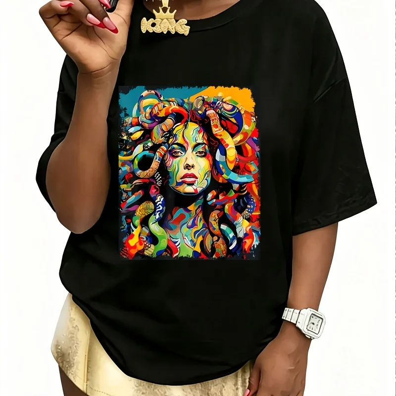 Medusa Snake Colorful Women's 100% Cotton T-Shirt Short Sleeve Top Casual Round Neck Fun Print Tee S-5Xl