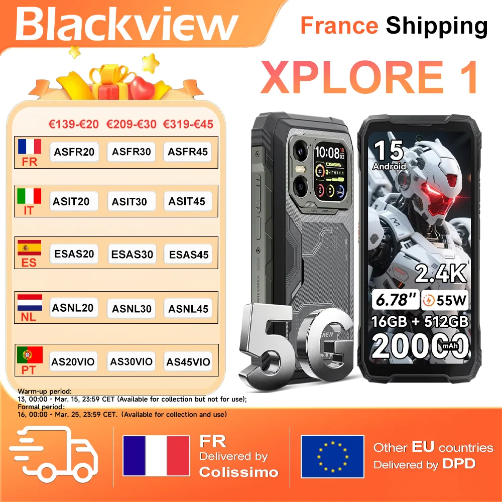 Blackview XPLORE 1 [pas de chargeur UE] Smartphone robuste 5G 16GB + 512GB /12GB + 256GB Android15 20000mAh 55W 6.78 ''2.4K téléphone portable