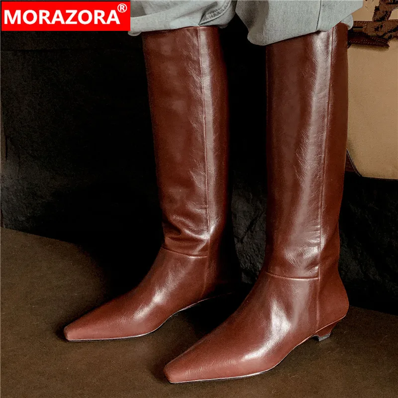 MORAZORA 2024 Size 33-41 New Genuine Leather Autumn Boots Fashion Female Slip On Knee High Boots Thick Med Heels Boots