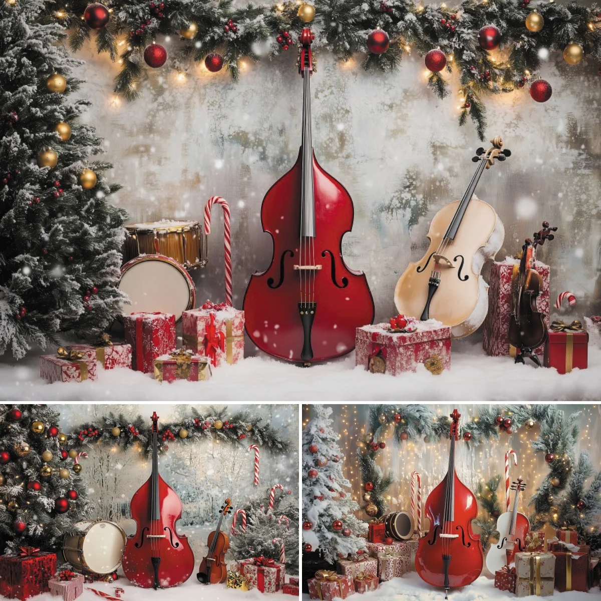 Christmas Music Backdrop Cello Violin Family Party Festive Decoration Concert Artistic Winter Scene Photography Photo Studio