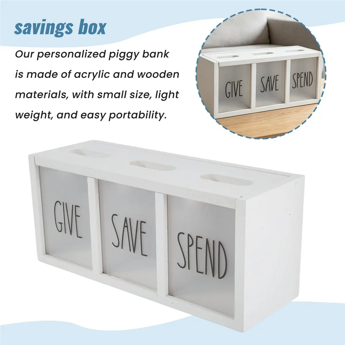 popop Wooden Give Save Spend Money Saving Box for Kids, Countertop Kid Piggy Bank for Daily Cash, Wall-Mount Kids Bank White