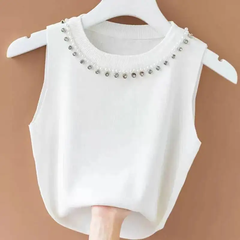 Lucyever Sommer Gestrickte Westen Für Frauen Koreanische Mode Perle Dekoration O Neck Tanks Top Frau Elastische Dünne Ärmelloses T-shirt