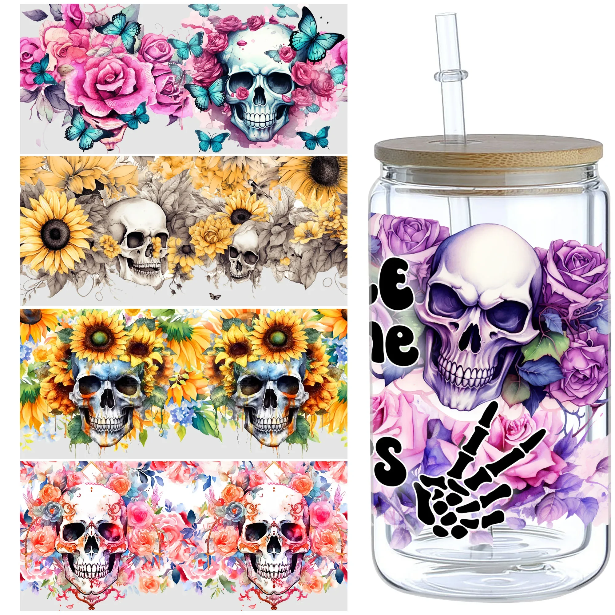 5 sheets Skull UV DTF Cup Stickers, DTF Friction Transfer Stickers, Waterproof Transfer Stickers for 16oz Glass Cups