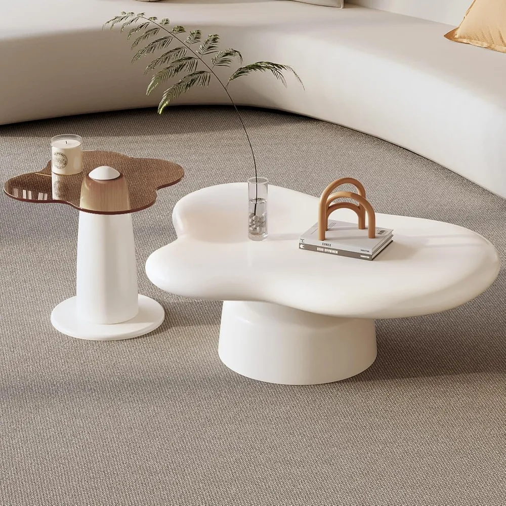 Cloud Coffee Table Set of 2, Small Irregular Side and Table, White Cream 2 in 1 Modern End for Living Room, Bedroom, Office