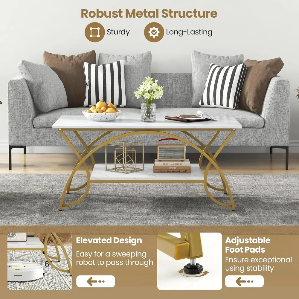 2-Tier Faux Marble Table with Storage,  Metal Frame Rectangular End Table for Living Room & Office