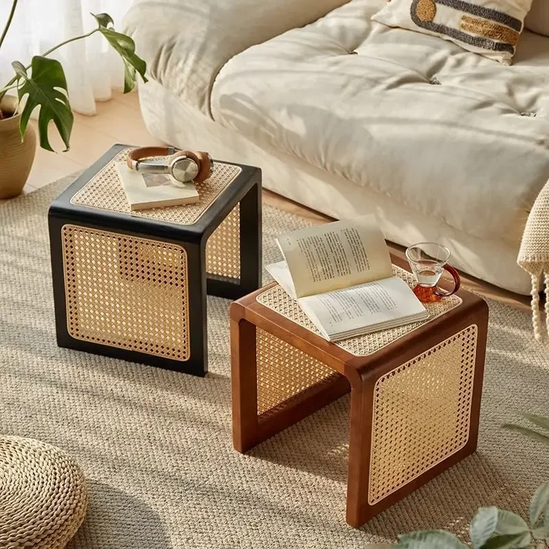 Bedroom Solid Wood Rattan Retro Bedside Table Home Living Room Multifunctional Coffee Table Corner Entrance Shoe Changing Stool