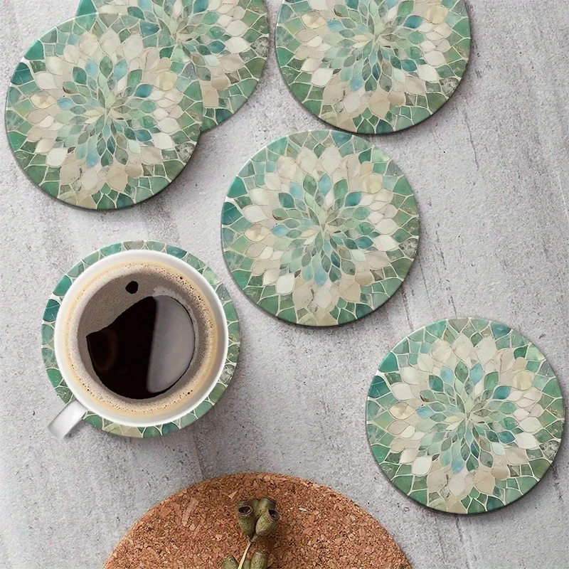 Wooden Coaster Pads - Green Gradient Leaf Pattern - 2D Flat Coffee Hot Drink Cup Anti-Slip Table Mathome Kitchen Accessories