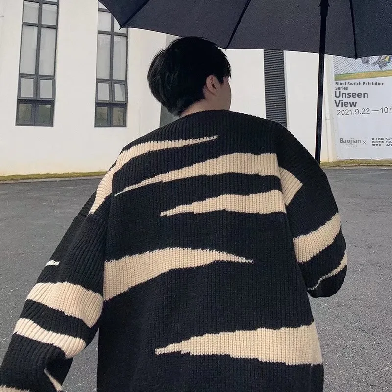 

Осень-зима, большой размер 300, полосатый мужской свитер, свободный верхний гонконгский Sle, повседневный модный трикотаж