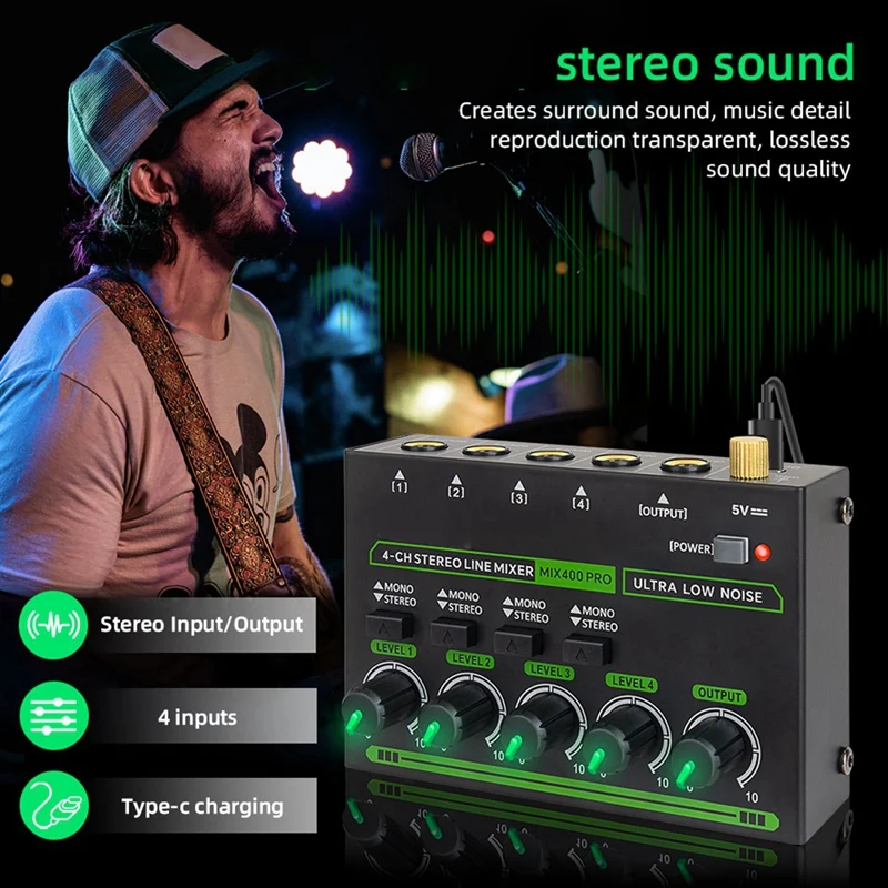 AIAI Mix400 Pro 4 Channel Professional Sound Mixer With RGB Light Mini Audio Mixer Line Mixer Small Audio Mixer For Club Bar