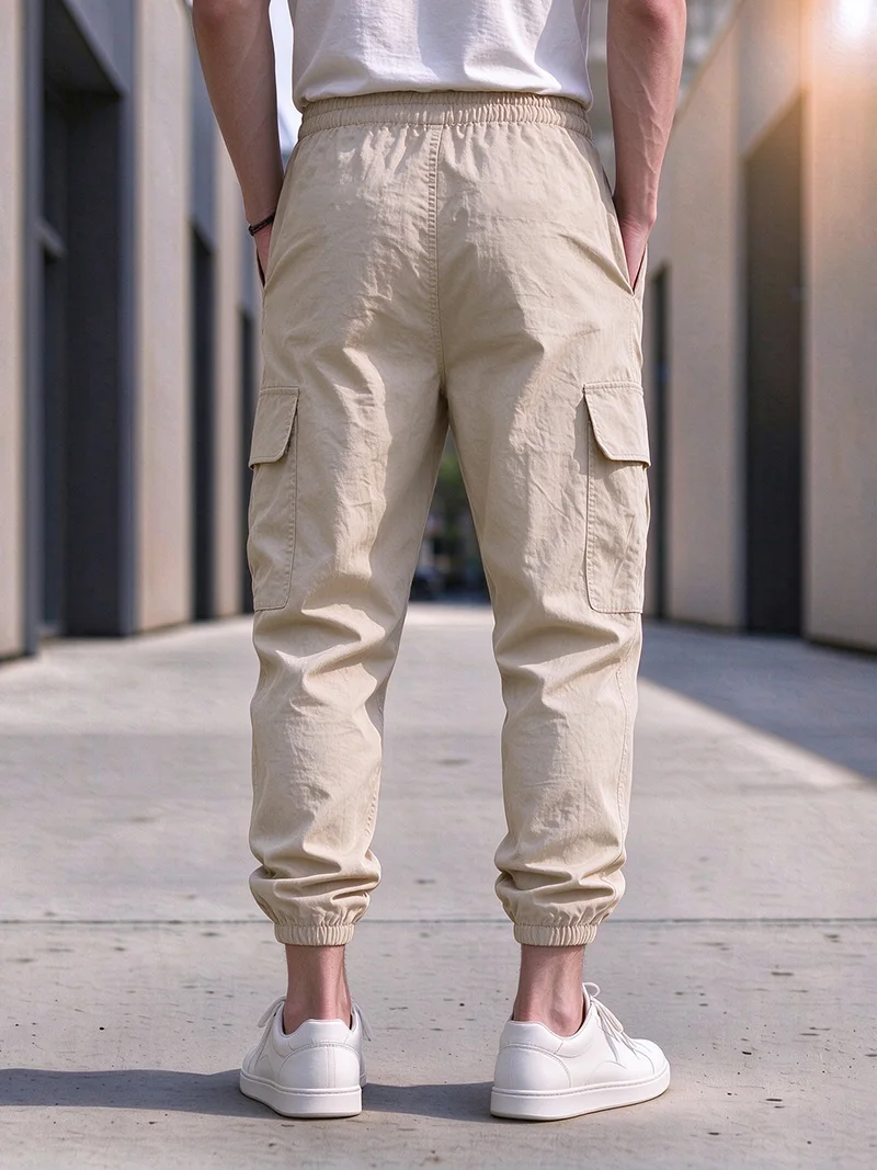 Herren Baumwoll-Leinen-Mischung Cargo Jogginghose mit Elastischem Bund, Kordelzug und Mehreren Taschen, Lässige Atmungsaktive Streetwear-Hose für Männer – Detail 4