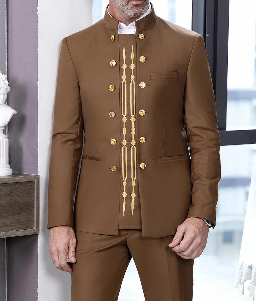 

Men's Formal Groom 2-Piece Suit Set with Stand Collar Detail Wedding Prom Party Stage Wear with Blazer Pants.