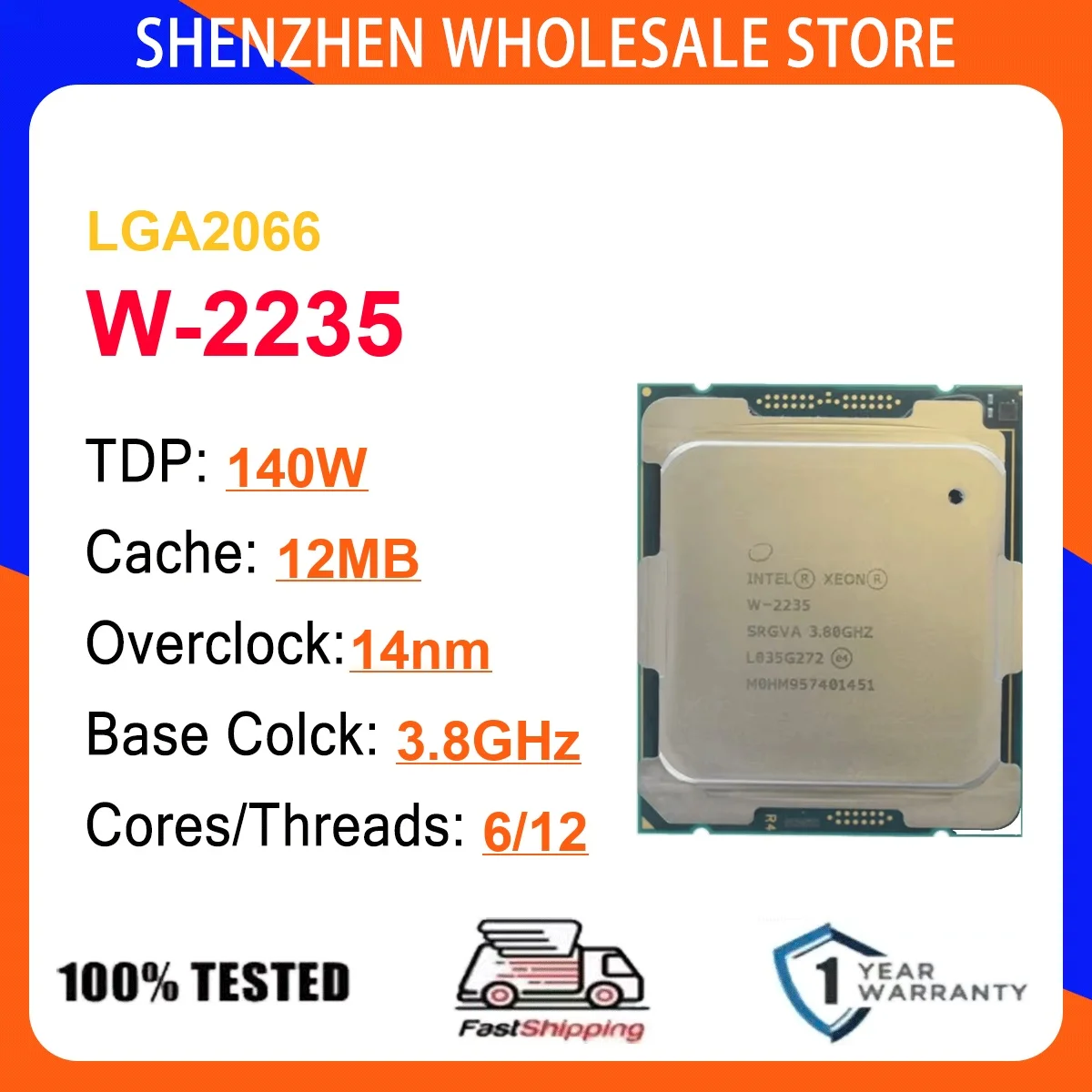 Intel Xeon W-2235 6 Core 12 Thread 3.8GHz 140W 12MB Cache 14nm Cascade Lake-W DDR4-2933 MHz SRF97 LGA2066 UHD Graphics P630
