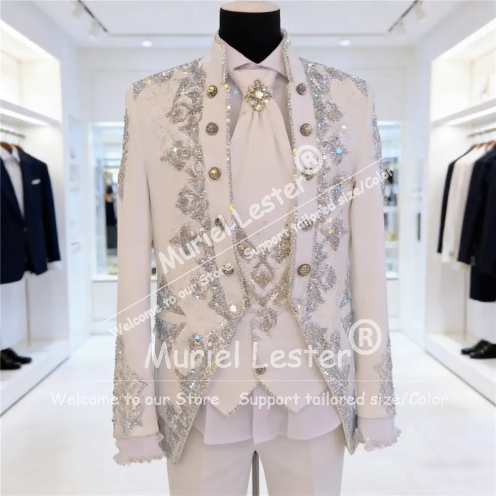 

Роскошные мужские костюмы с бисером и кристаллами для свадьбы, итальянский дизайн, пиджак, жилет, брюки, комплект из 3 предметов, смокинг для жениха, индивидуальный пошив, костюм для мужчин