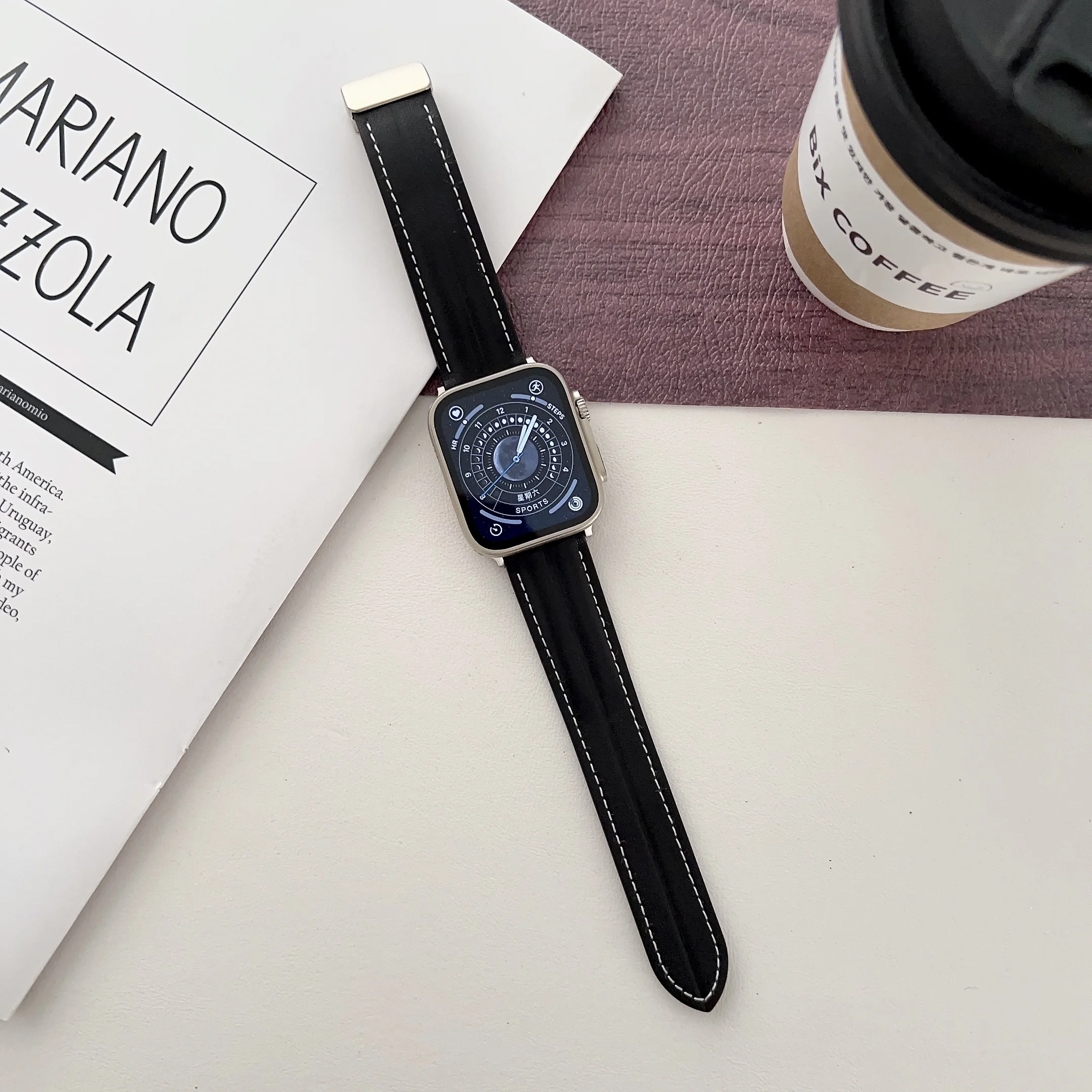 Lederen Verzonken Strap Voor Apple Horloge Band 44/45Mm 42Mm 8 Ultra49mm Accessorie Polsband Magnetische Zuig Vouwen zilveren Gesp