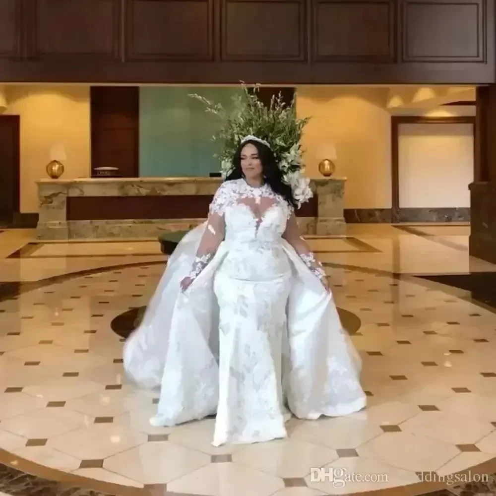 Vestidos de novia de manga larga de sirena de talla grande personalizados, vestidos de novia con cuentas y cuello joya, tren desmontable, apliques de trompeta Sati