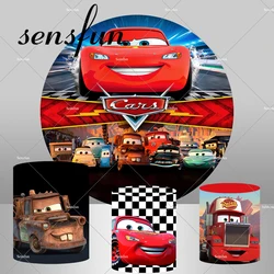 Cartoon Mcqueen Cars Round Backdrop Cover for Boy Birthday Party Decoration Wheel Cylinder Covers Background