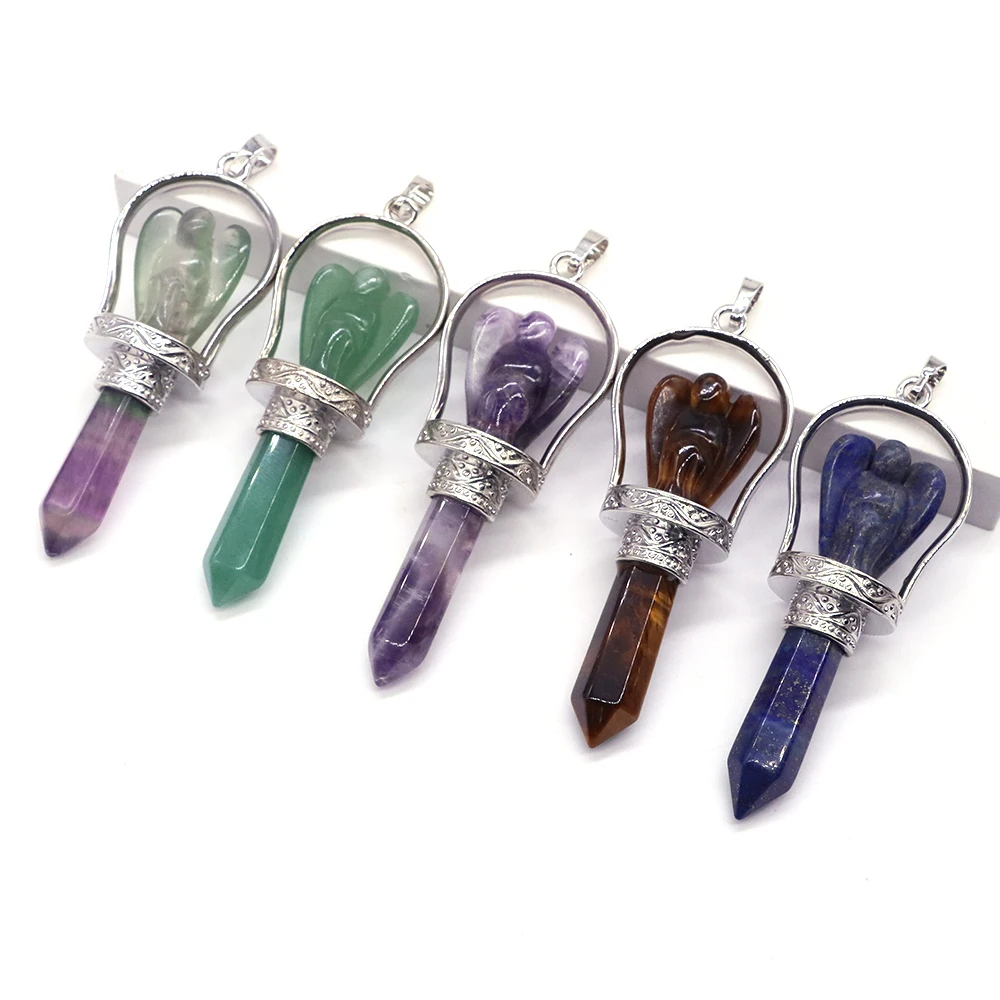 

Natural Crystals Stones Angel Hexagonal Point Wand Pendants Necklaces for Women Amethyst Quartz Healing Pendulum Jewelry Gift