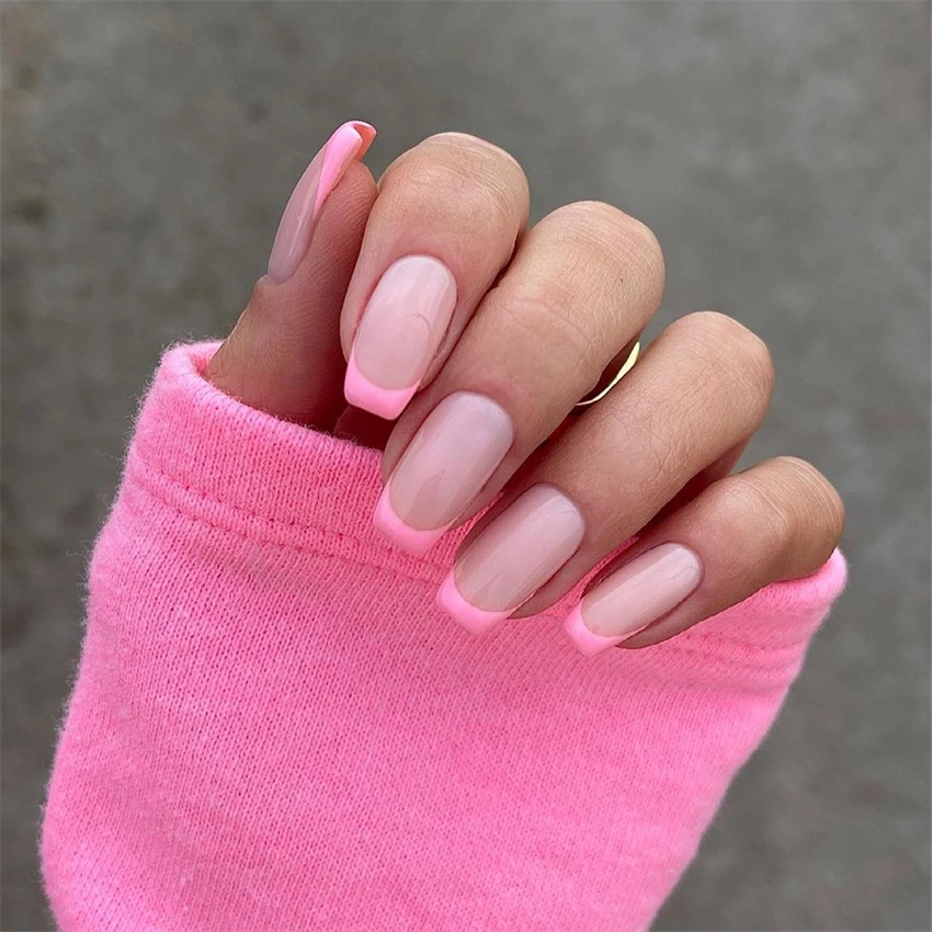 24Ps/Set Pink Edge French Fake Nails Art Full Cover Artificial Press on Acrylic Nails Ballerina Full Cover Coffin Stick on Nails