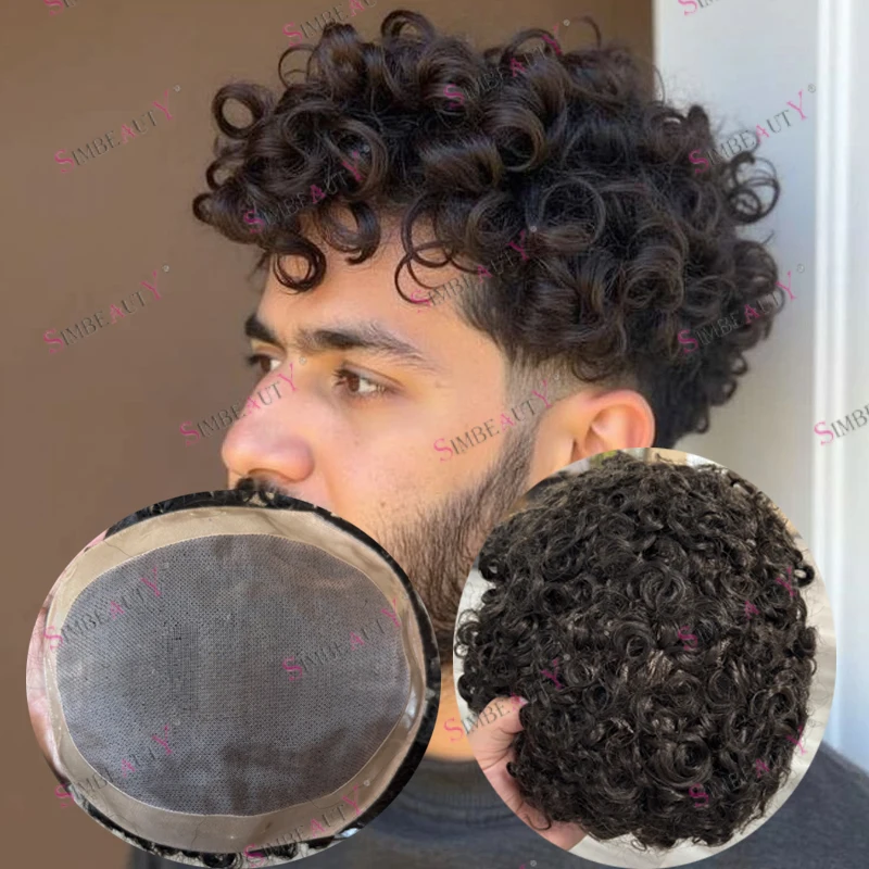

#2 Chocolate Brown 18mm Curly 100% Human Hair Undetectable Men Toupee Natural Hairline Super Durable Male Curly Wigs Prosthesis