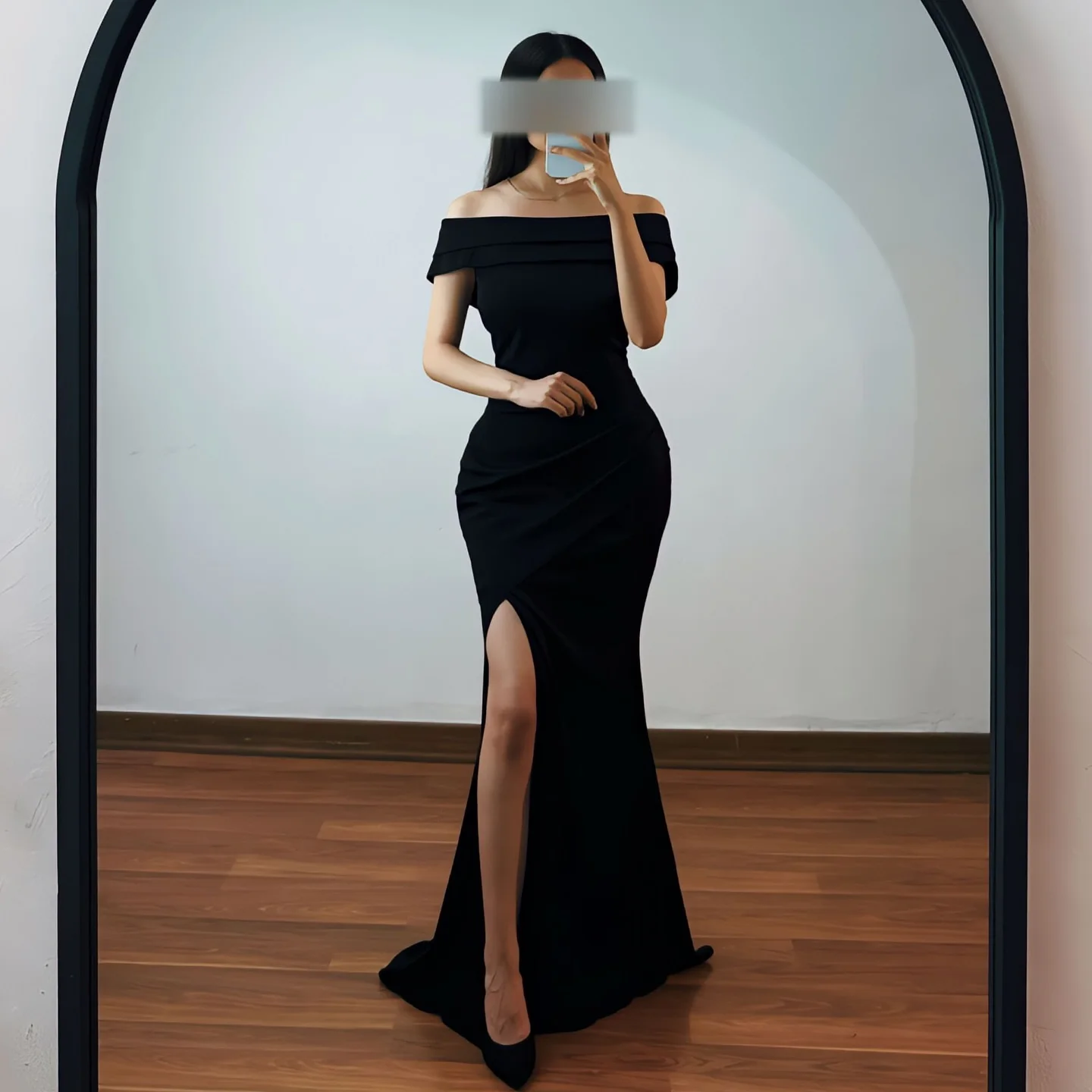 

Fimora customized Elegant Black Prom Gown Women's Off Shoulder Slit Party Evening Dress Floor Length Special Occasion Dresses