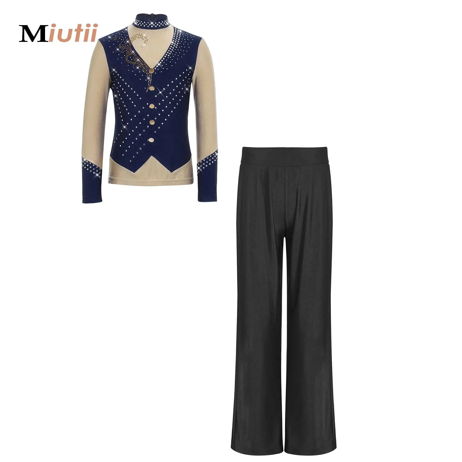 

Kids Boys Rhythmic Gymnastics Set Figure Skating Outfit Shiny Rhinestone Latin Dance Top and Jazz Pants Ice Skating Clothing Set