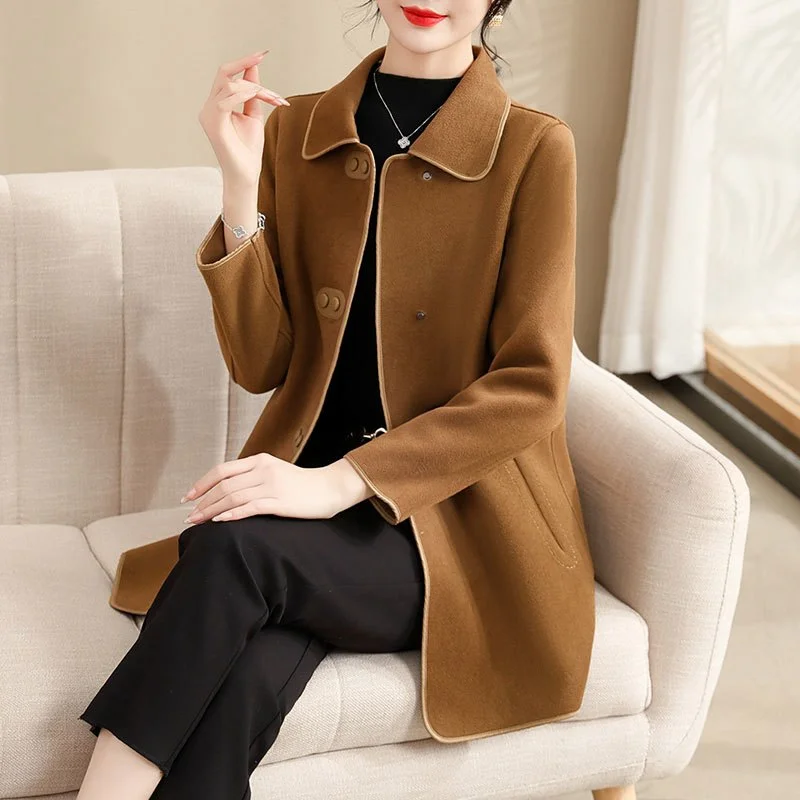 Women Solid Lapel Double Faced Wool Coat Mid Length Casual Overcoat For Middle Aged Mothers Autumn Winter