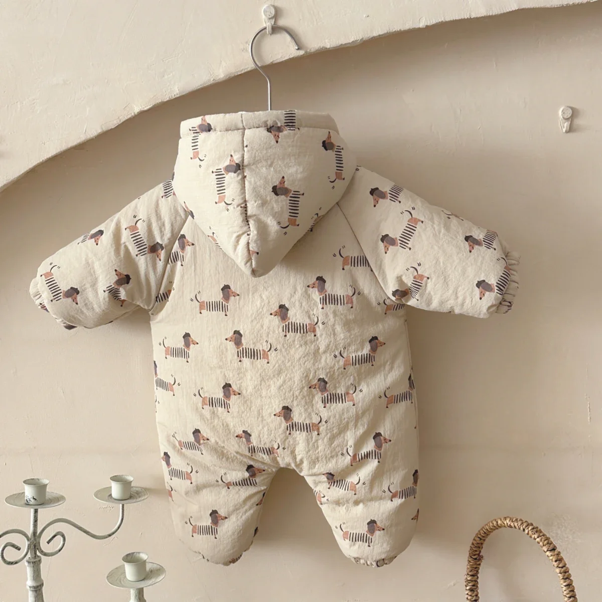 Baby Boys Girls Rompers Hooded Clothes Dachshund Embroidery Zipper Plush Lined Newborn Netural Jumpsuits Windproof Baby Snowsuit