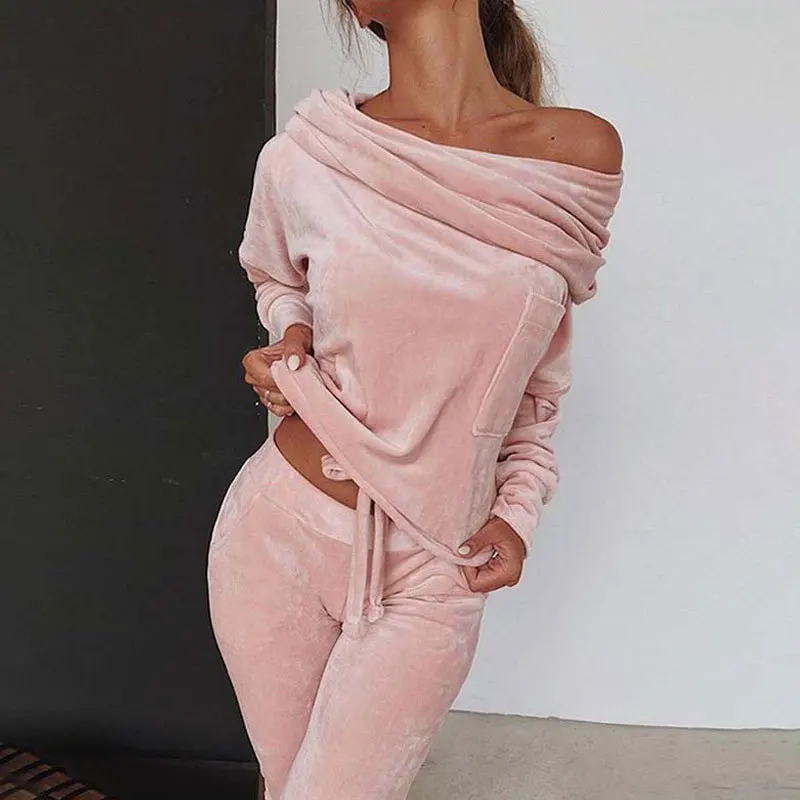 Sexy Velvet Off Shoulder Slope Collar 2 Piece Casual Women Home Suit Fashion Folds Long Sleeved Bow Pullover Top Trousers Suit