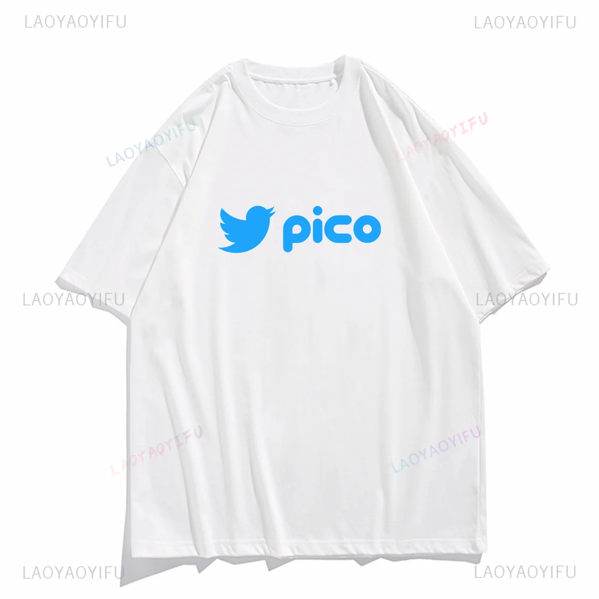 Men Women T Shirt Letters Pico TShirt Blue Bird Pattern Print Tops Vintage Cute Streetwear Graphic T Shirts Harajuku Cotton Tee