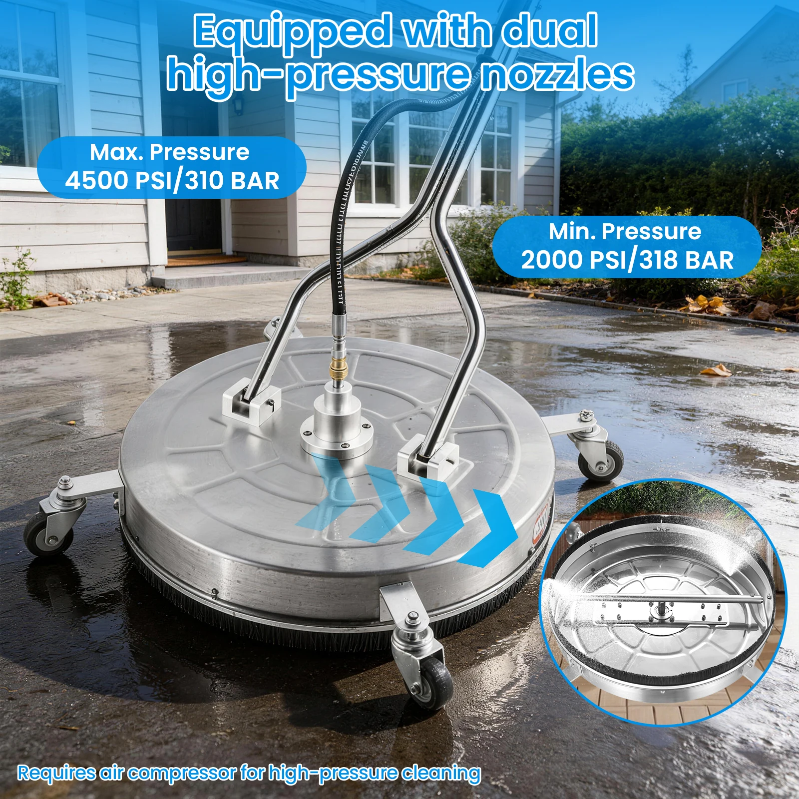 Heavy Duty 24 Inch Pressure Washer Floor Attachment, 2000-4500 PSI Power Washer Surface Cleaner, 360° Stainless Steel Patio Deck Driveway Accessory with 4 Silent Wheels