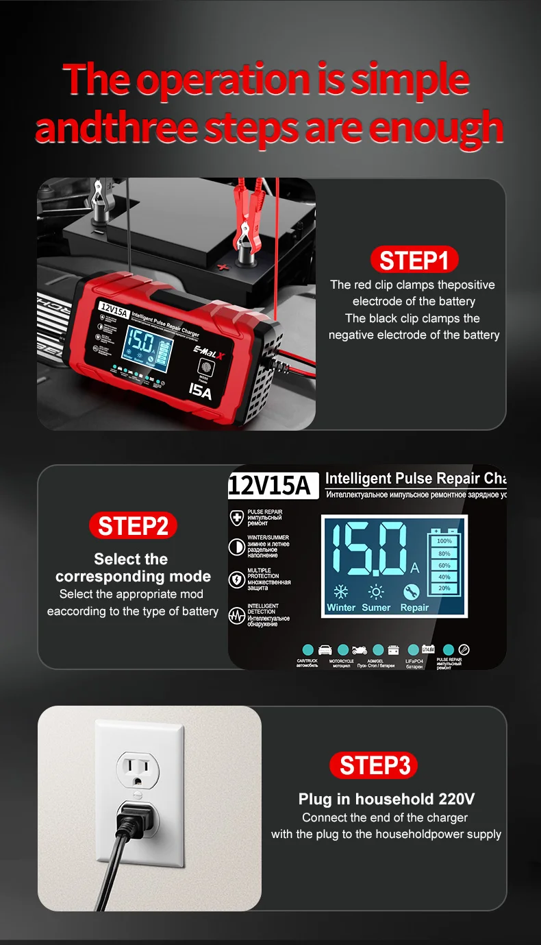 12V 15A 8A Auto- und Motorrad-Smart-Batterieladegerät für Lifepo4 Blei-Säure AGM Digital-Touchscreen Lithium-Eisenphosphat-Ladegerät – Detail 36