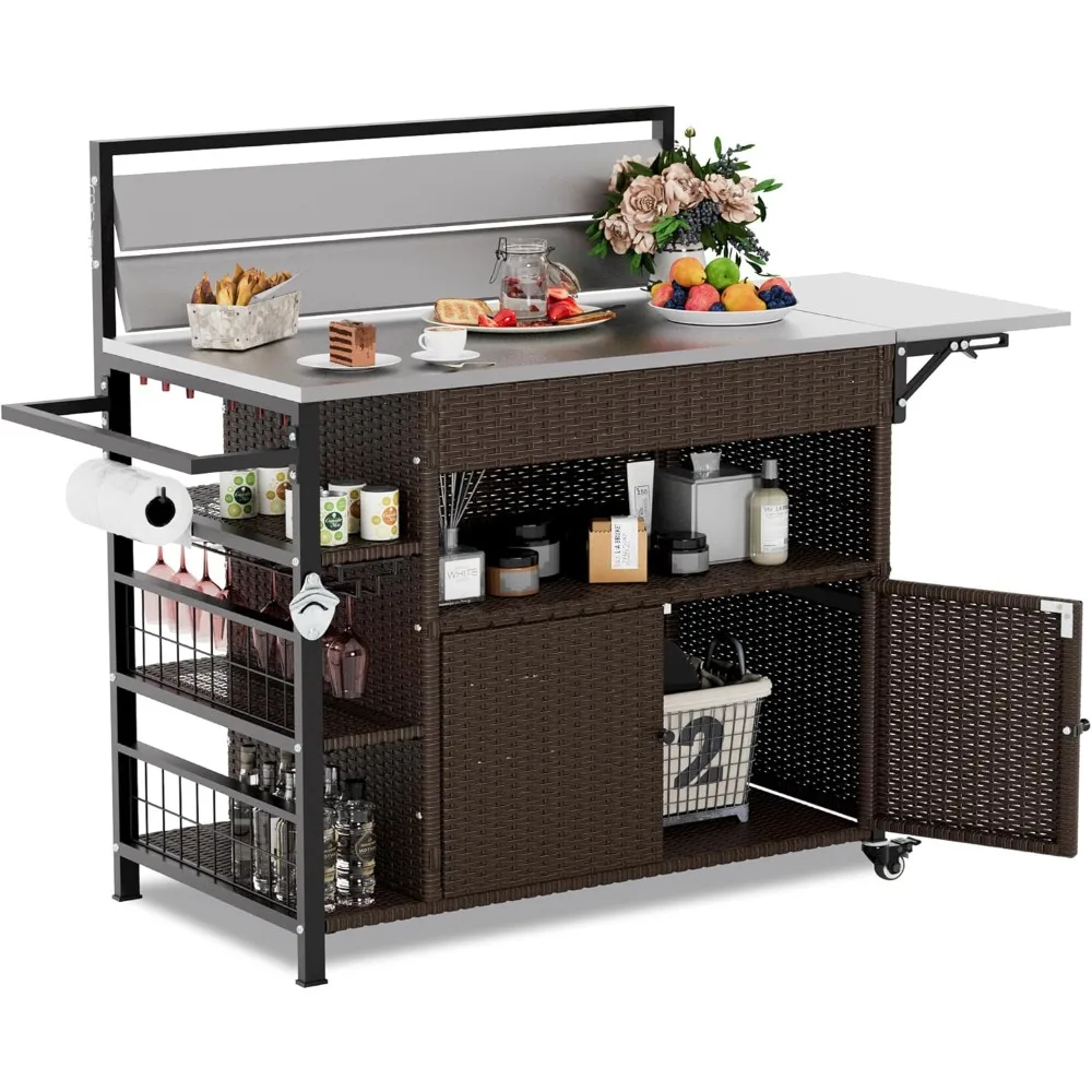 

60-дюймовая уличная тележка для гриля с местом для хранения, кухонный остров для патио на колесах и стойке для специй, плетеная уличная тележка для гриля с удлиненной нержавеющей сталью