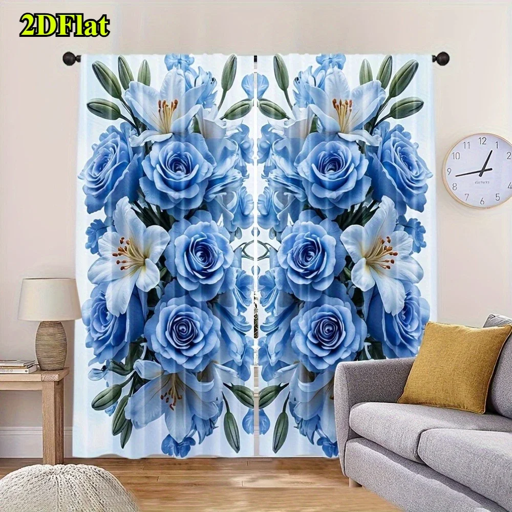 

Graceful blue rose and lily Print Drapes Room Darkening Window Curtains for Home Decor,Rod Pocket Blackout Curtains Bedroom