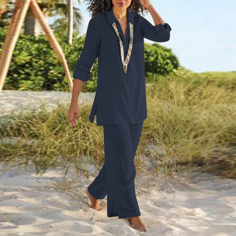 Spring Autumn New Retro Long-sleeved Women\'s Suit Fashion Cotton And Linen Leisure Loose Slit Pants Ladies Office 2 Piece Set