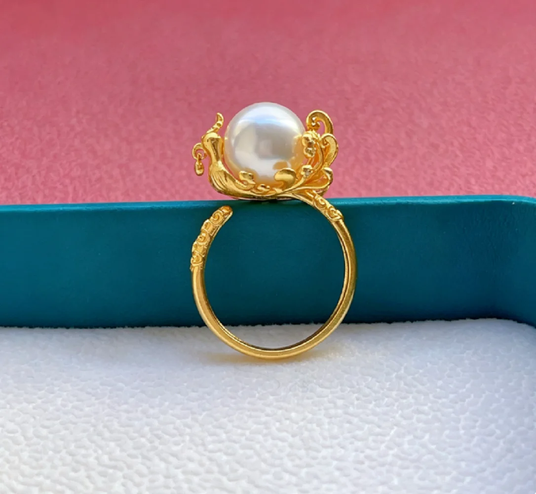 S925 Ancient Silver Gold Plated Carving Ring Natural Pearl AAAA12-13mm