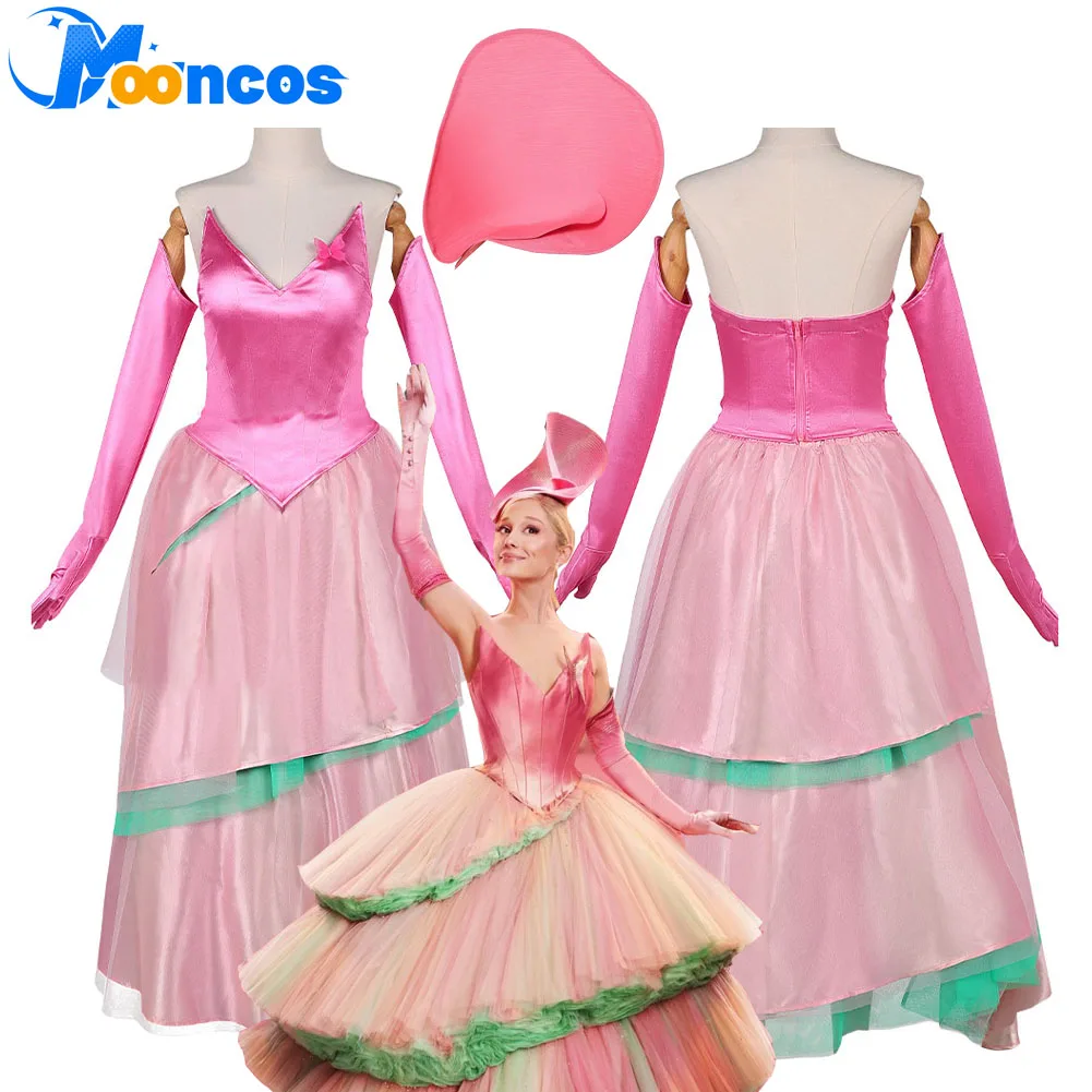 

2025 фильм Wicked for Good Glinda, женское платье для косплея, костюм для взрослых, розовая юбка, шляпа, перчатки, комплект, карнавальный костюм на Хэллоуин