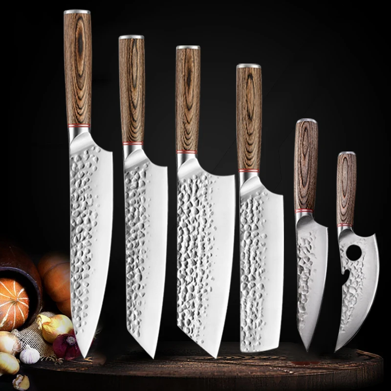 

1-7pc Set of Chef Knives Forged Santoku Salmon Fish Knife Peeling, Deboning Japanese Sashimi Nakiri Knives