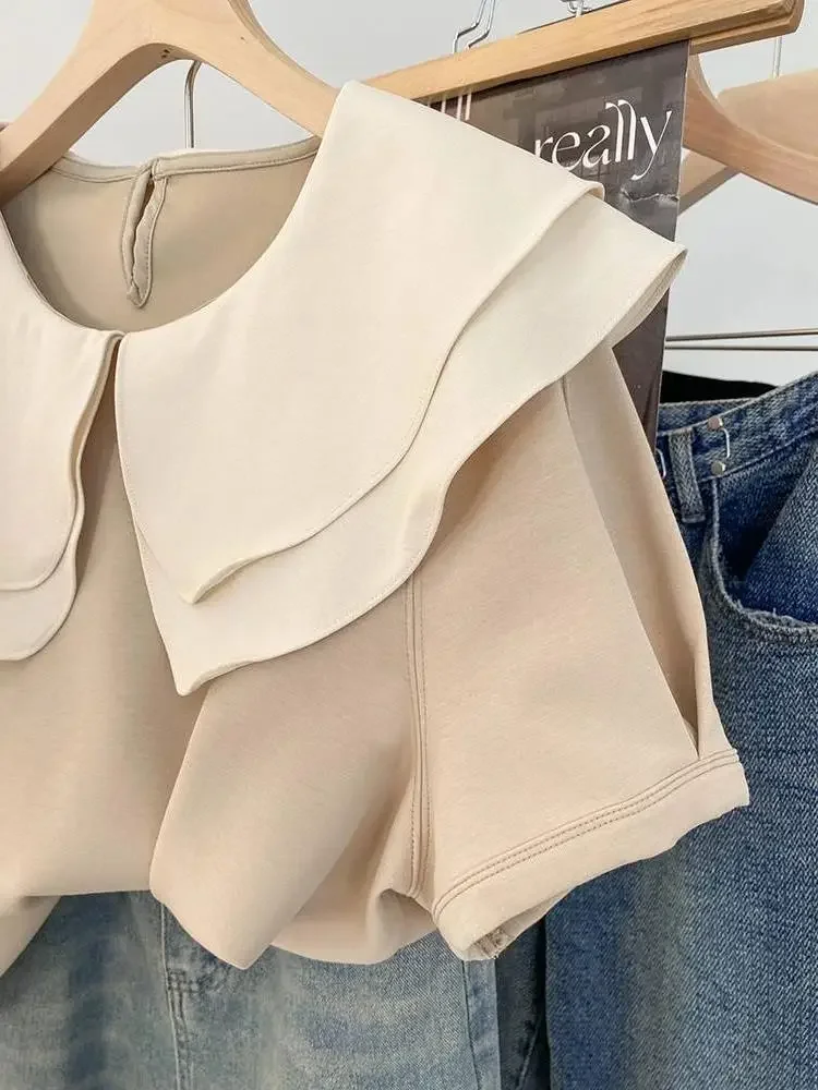 Moda verão peter pan colarinho elegante camisas de manga curta feminina solta estilo francês retalhos fino topos blusa feminina