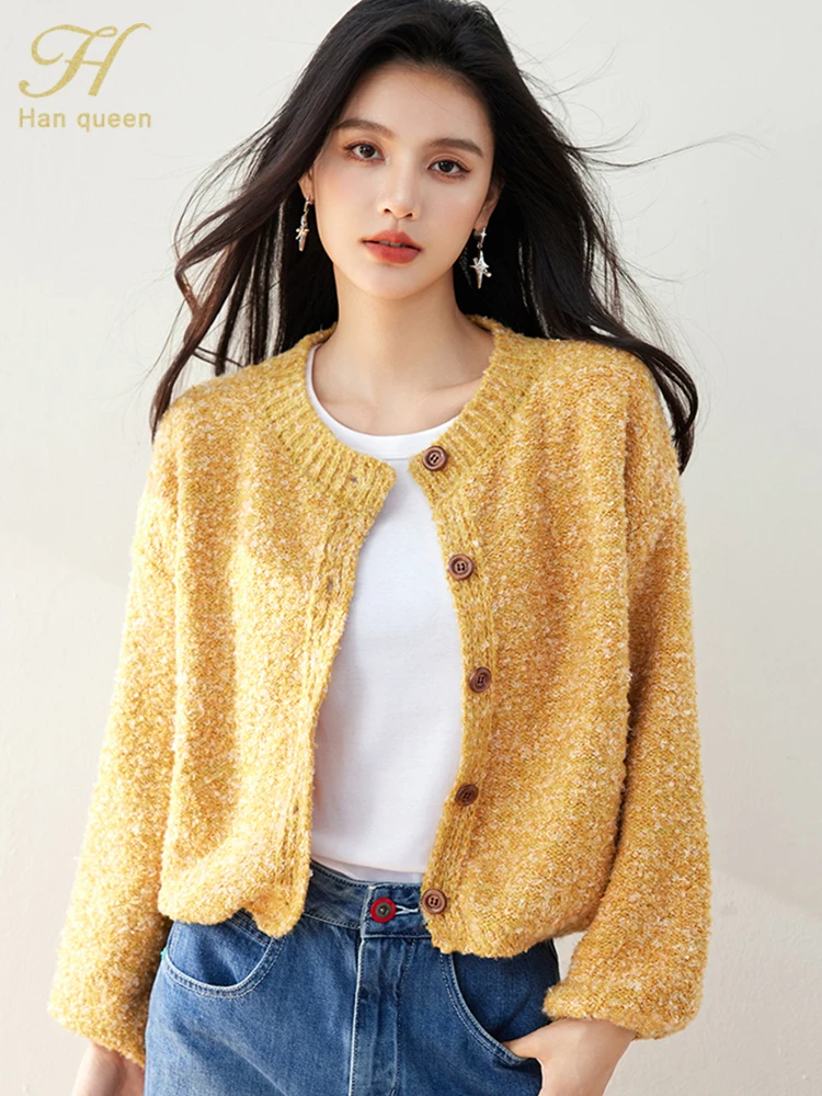 

H Han Queen Korean Knitted Basic Long Sleeve Autumn Tops Cardigans Lazy Style Vintage Cardigan Sweater Women Clothing Casual