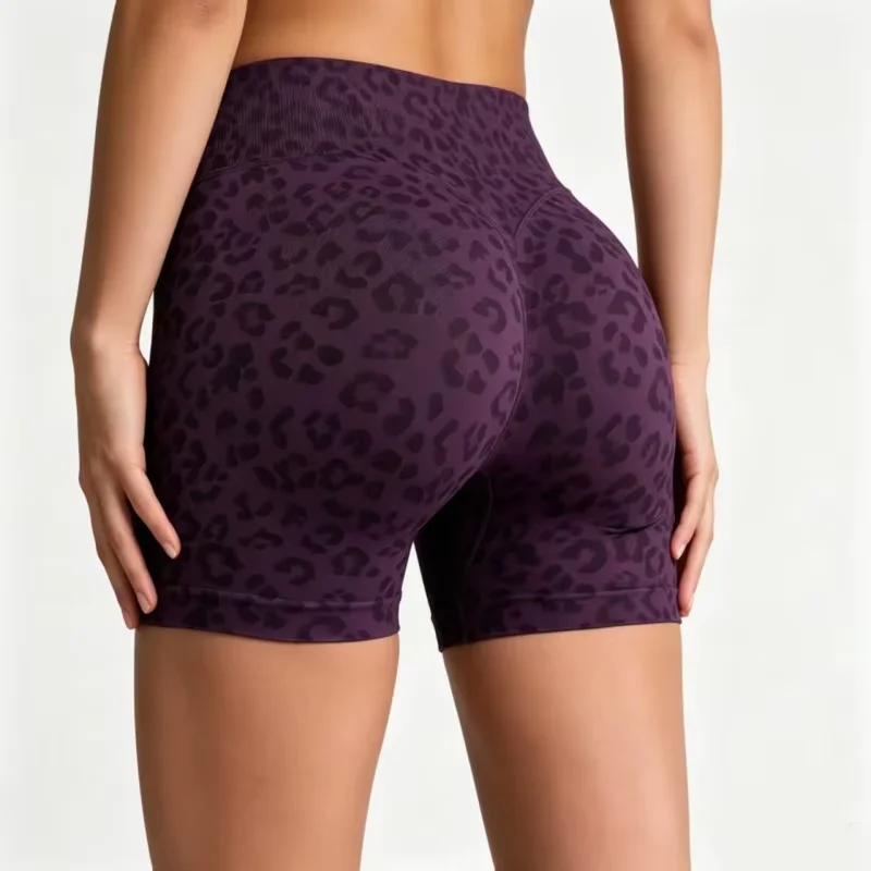 Sexy Yoga-Shorts mit Leopardenmuster, nahtlos, hohe Taille, Po-Lifting-Effekt, Bauchkontrolle, 4-Wege-Stretch, atmungsaktiv, Trainings- und Radhose – Detail 3