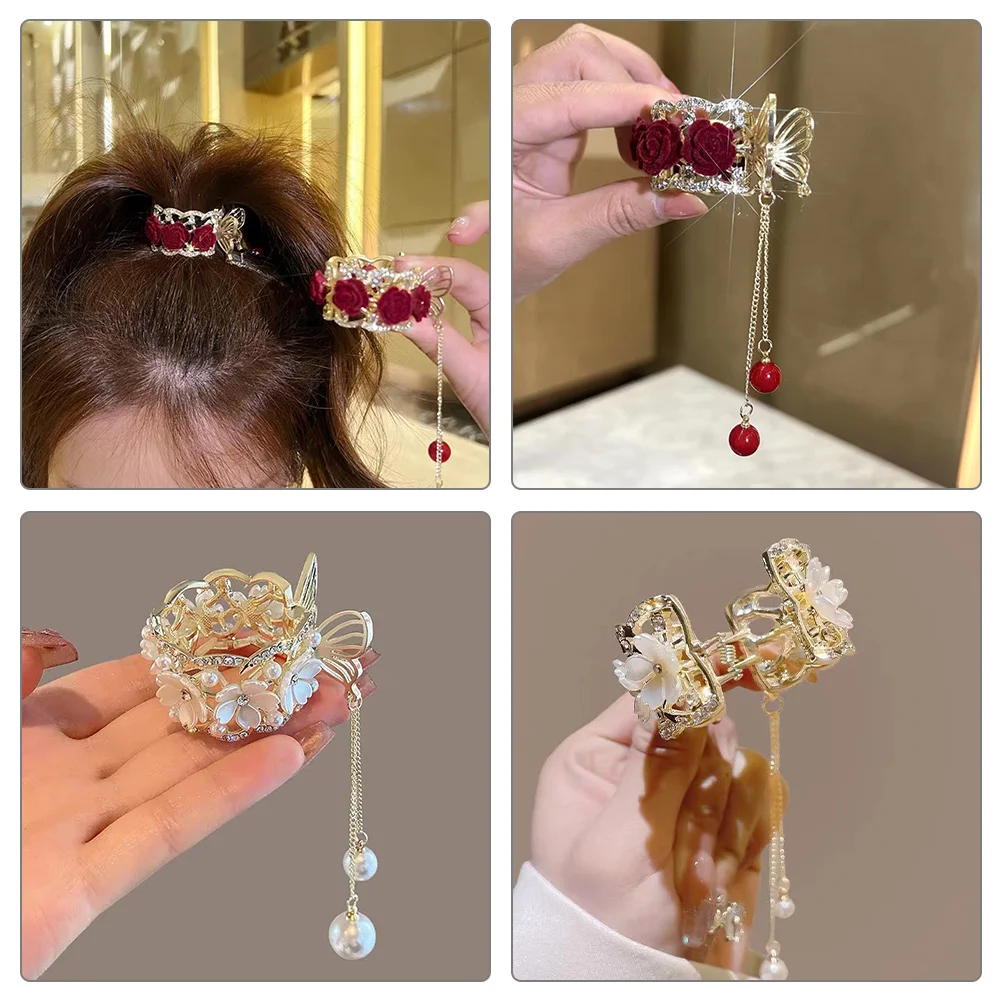 

2Pcs Rose Flower Hair Clips Metal Ponytail Cuffs Decorative Claw Clips for Women High Ponytail Holder for Thick Thin Curly