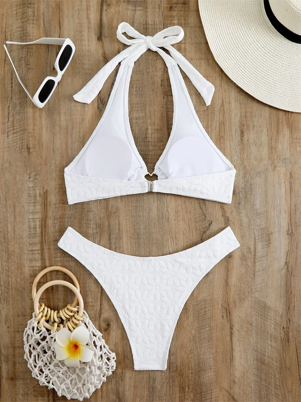 White Bikini Floral Jacquard Swimsuit Rhinestone Heart Halter Bandage Push Up Micro Bikinis Swimwears Women Beach Set Bath Suits