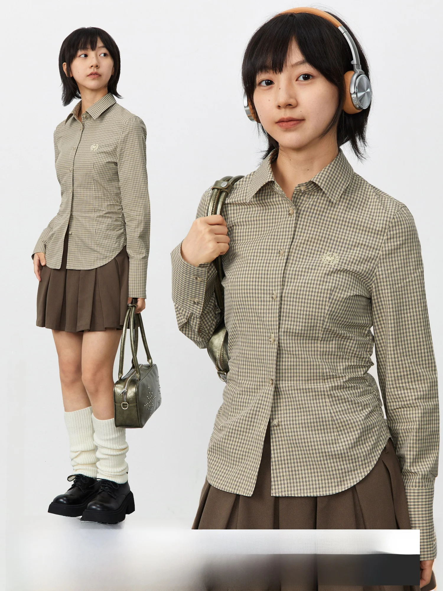 

Crnenter Khaki Plaid Slim Fit Waist Cinching Women's Base irt Long Sve Faionable Ele Office Wear