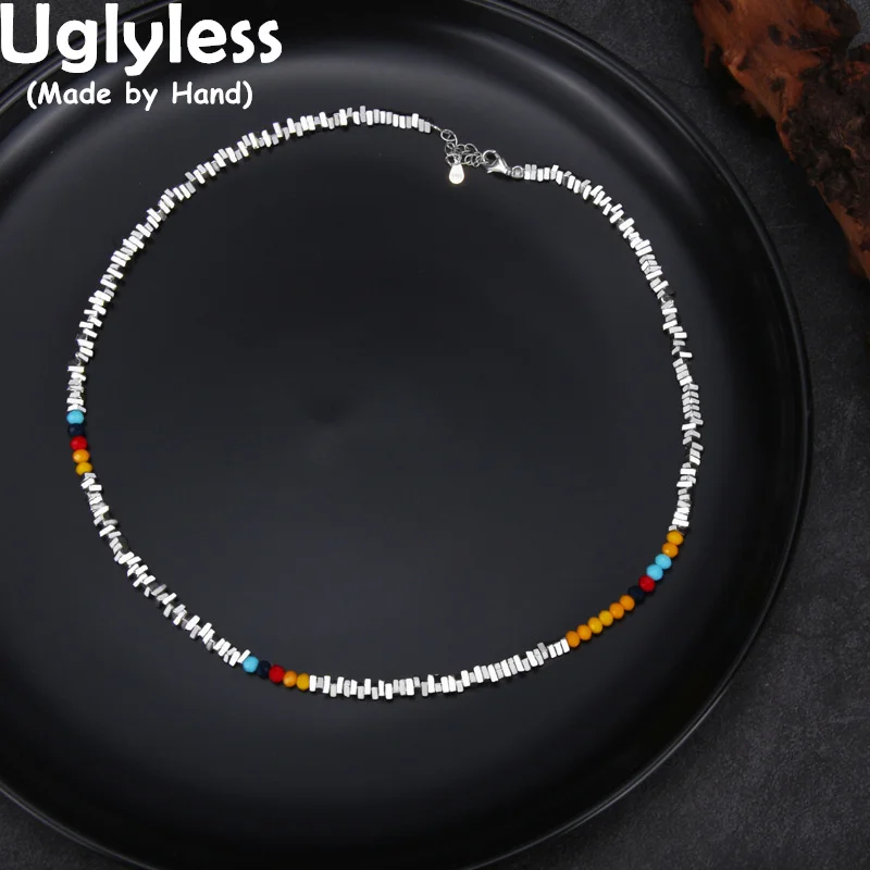 

Uglyless MINI Silver Beads Triangle Necklaces for Women Colorful Beading Chains Necklaces NO Pendant 925 Sterling Silver Jewelry