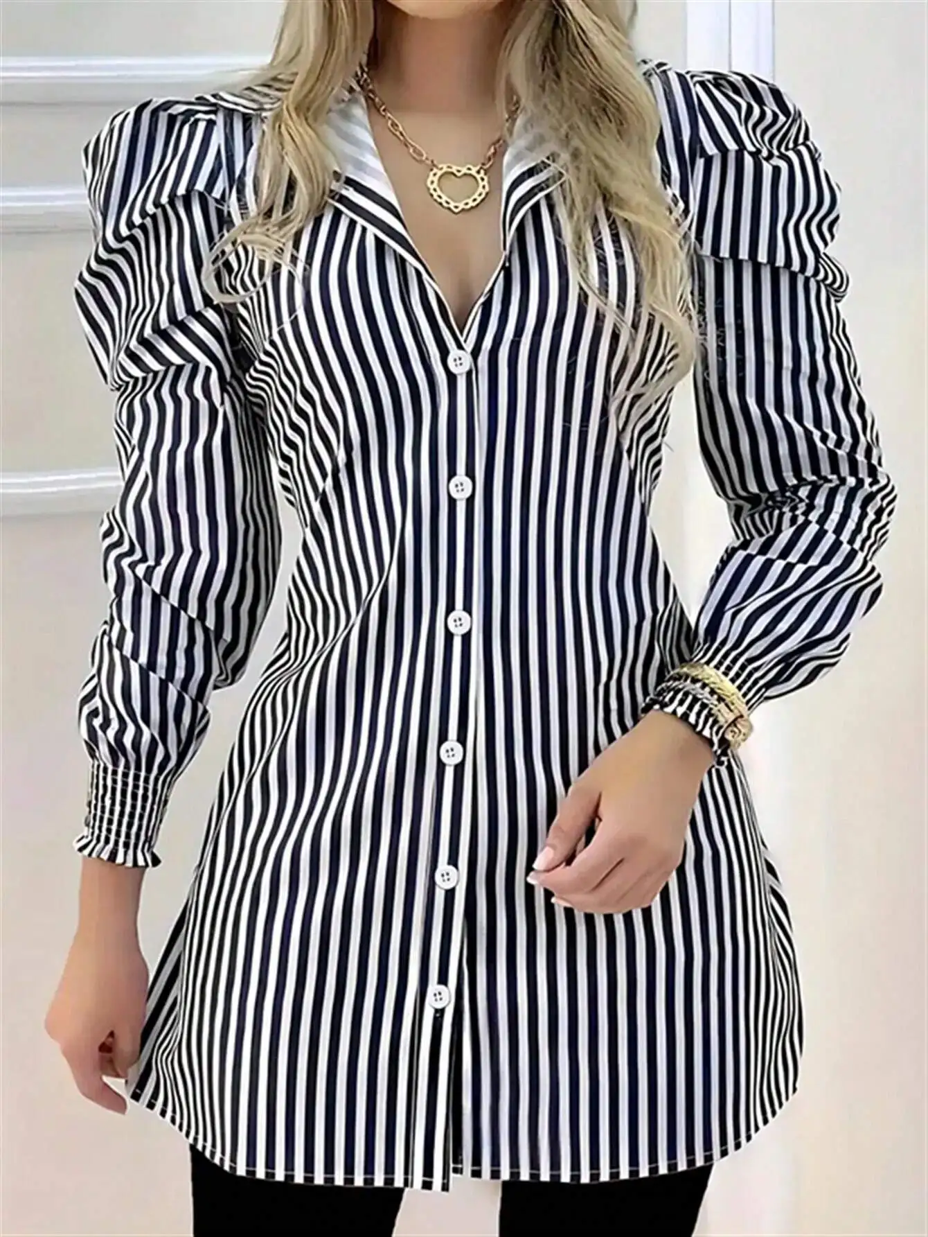 

Women's Long Sleeve Striped Casual Polyester Collared Shirt Black Spring