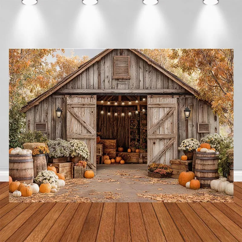 LS Rustic Fall Farm Backdrop Photography Pumpkin Sunset Wooden Fence Harvest Background Thanksgiving Holiday Family Photo